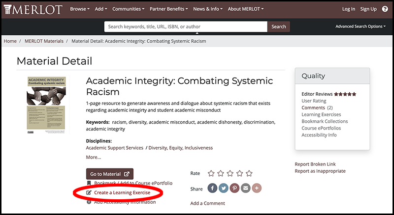 Screenshot from MERLOT showing options to create a learning exercise