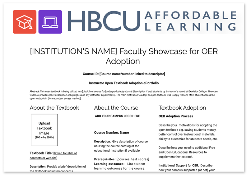 Screenshot of MERLOT content builder template for HBCU projects